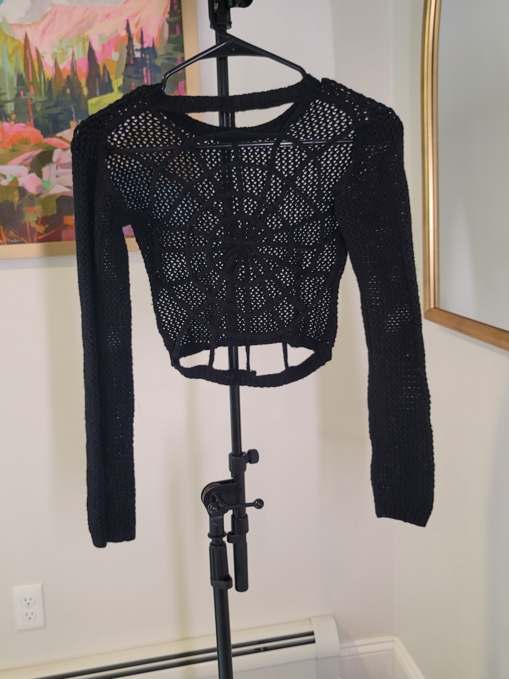 Punk Spider Web Crochet Cropped Top Scoop Neck Sweater Black 2000s - Picture 2 of 10
